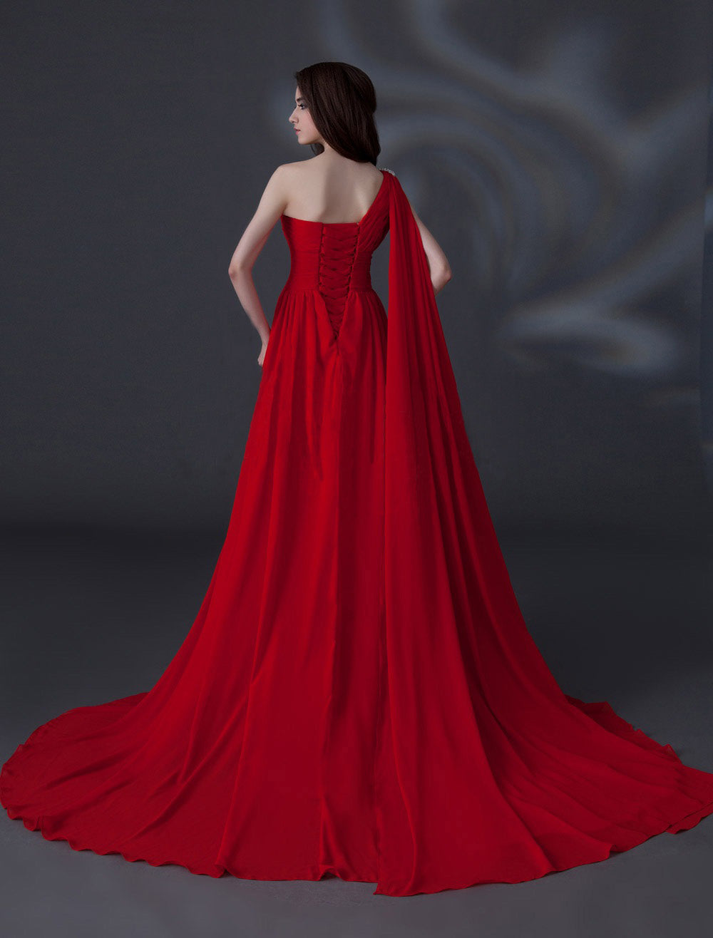 Red One Shoulder Ruched Photoshoot Gown With Trail