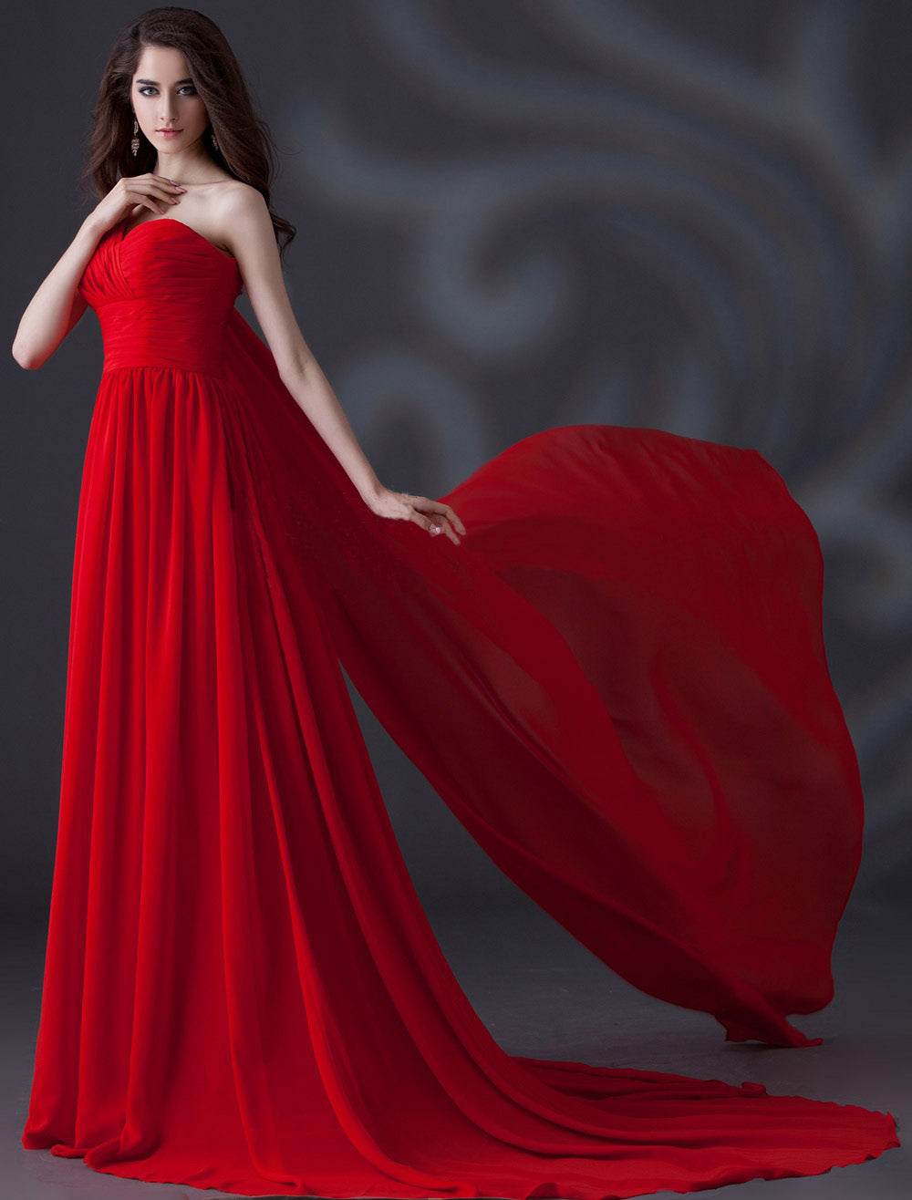 Red One Shoulder Ruched Photoshoot Gown With Trail