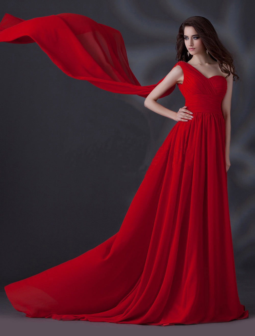 Red One Shoulder Ruched Photoshoot Gown With Trail