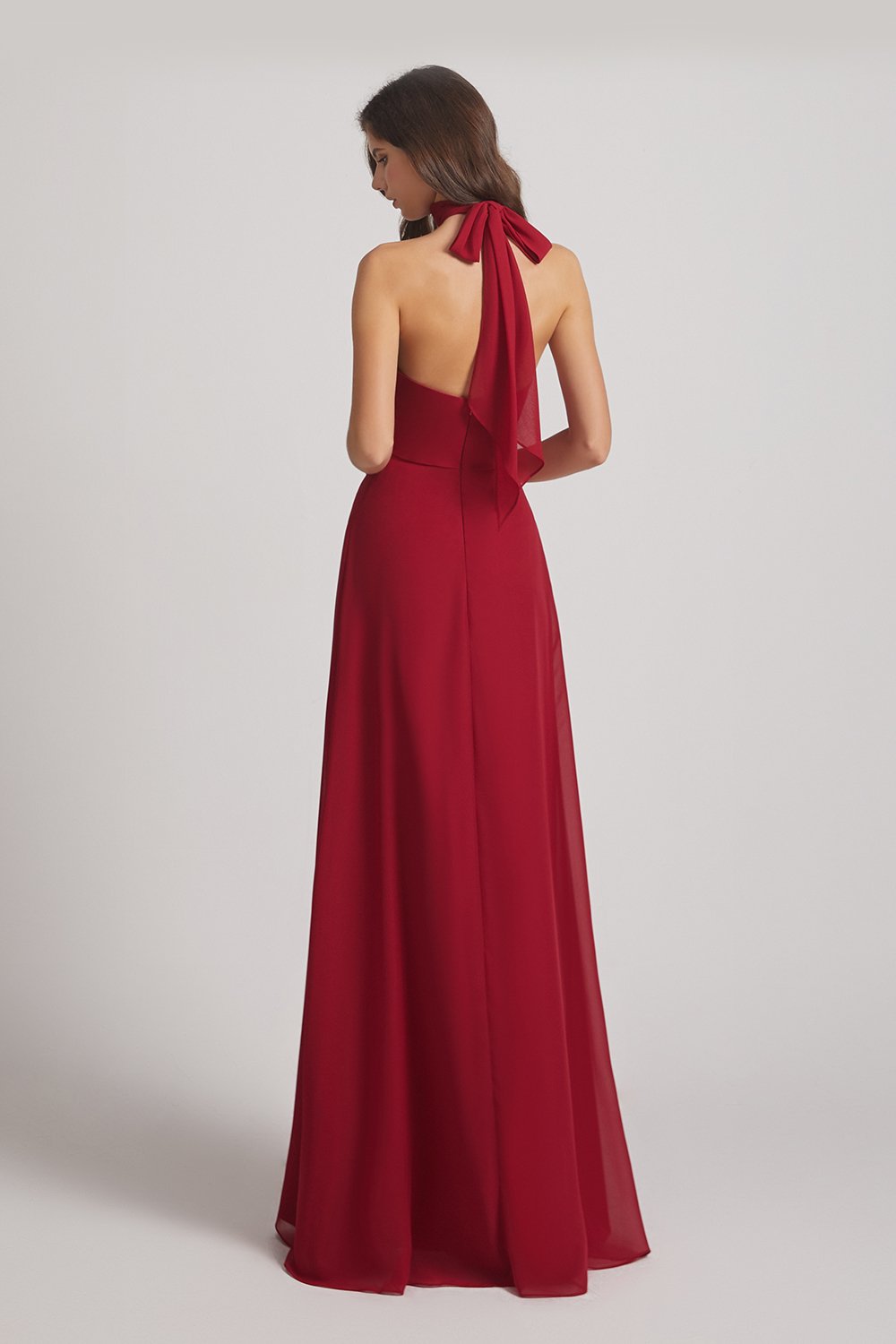 Maroon Backless High Neck Halter Maxi Dresses