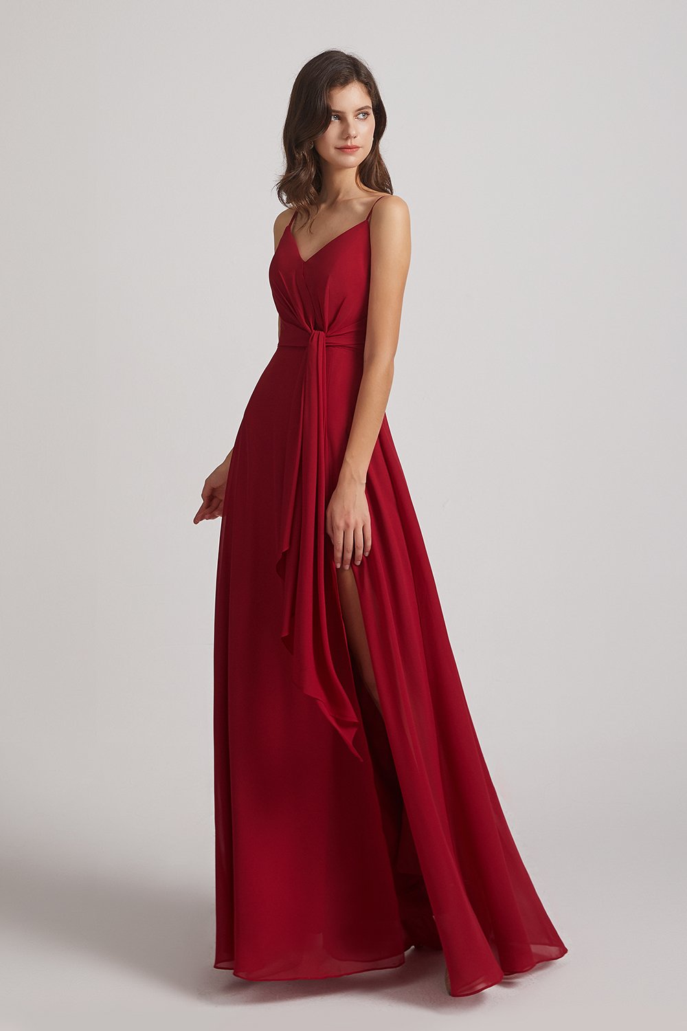 Maroon Spaghetti Straps V-Neck Waist-Tie Maxi