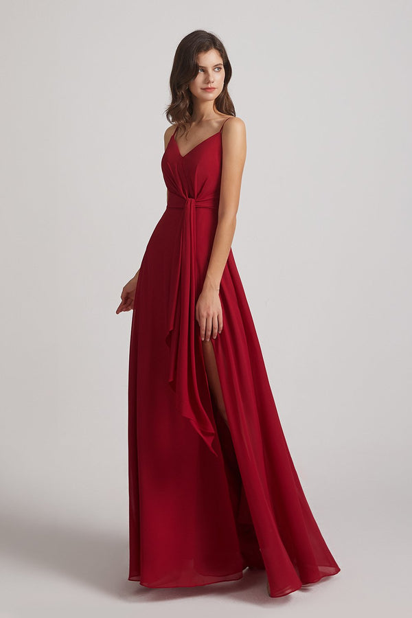 Maroon Spaghetti Straps V-Neck Waist-Tie Maxi