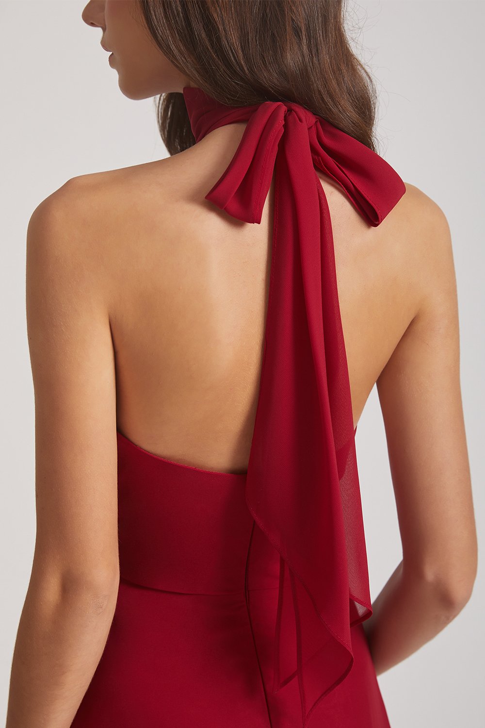 Maroon Backless High Neck Halter Maxi Dresses