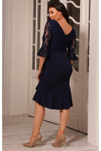 Navy Blue Lace Top Frill Hem Midi