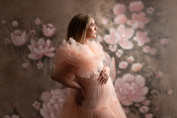 Ruffled Peach Net Maternity Gown