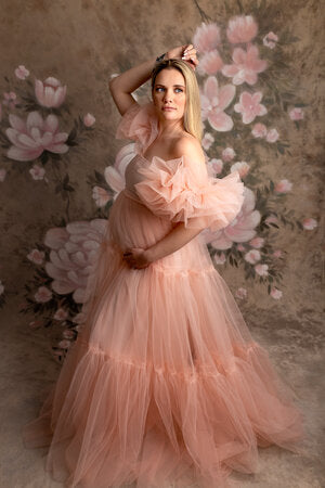 Ruffled Peach Net Maternity Gown