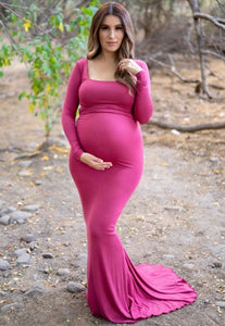 Magenta Pink Long Sleeve Maternity Flare Gown
