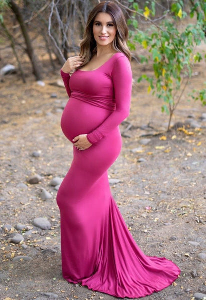 Magenta Pink Long Sleeve Maternity Flare Gown