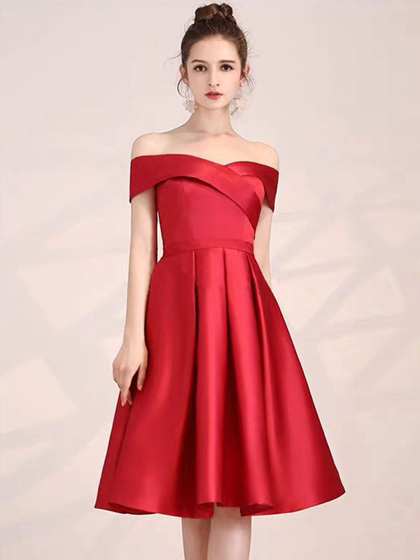 Red Off-Shoulder Satin Pleated Midi
