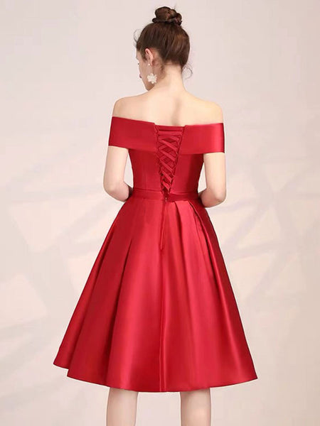 Red Off-Shoulder Satin Pleated Midi