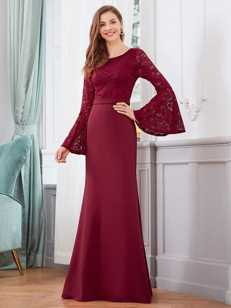 Maroon Wine Lace Sleeves Prom Dress – ShObO