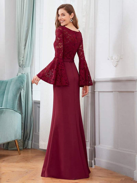 Maroon Wine Lace Sleeves Prom Dress