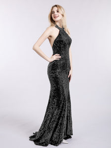 Black Sequins Backless Halter Maxi