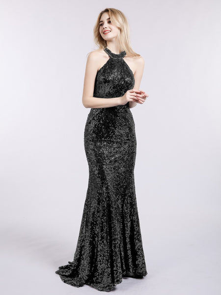 Black Sequins Backless Halter Maxi
