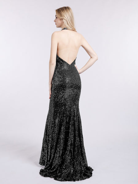 Black Sequins Backless Halter Maxi