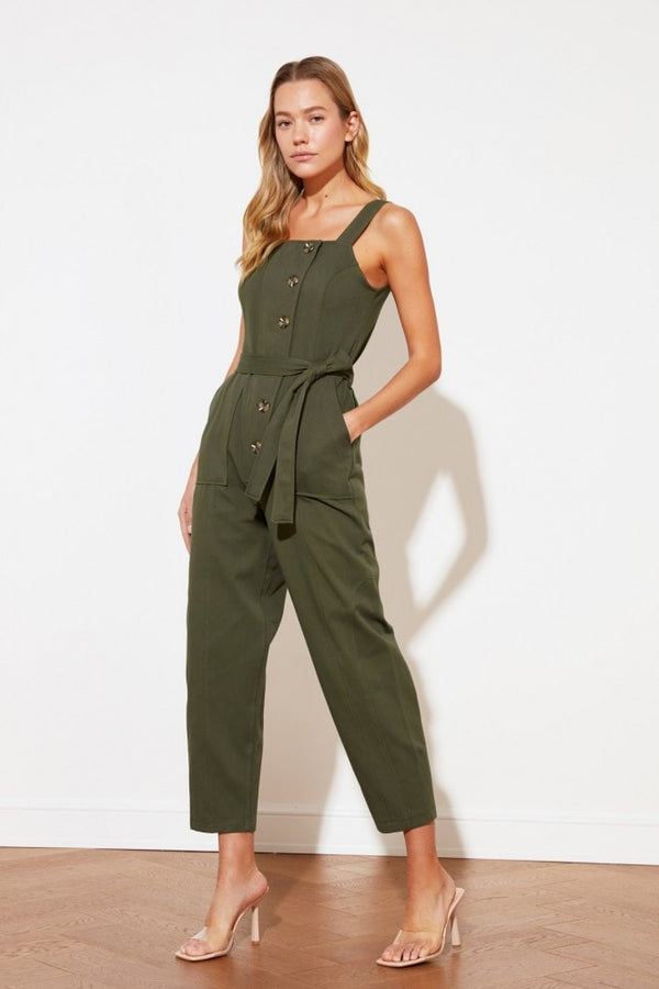 Khaki Button-Down Jumpsuit With Tie