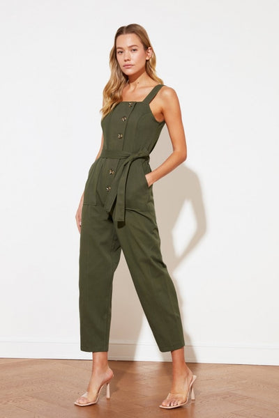 Khaki Button-Down Jumpsuit With Tie