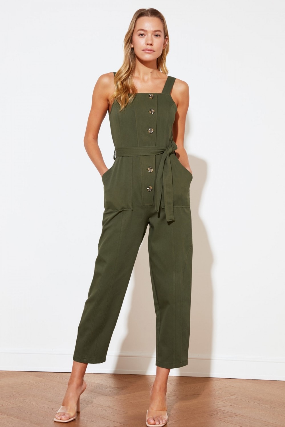 Khaki Button-Down Jumpsuit With Tie