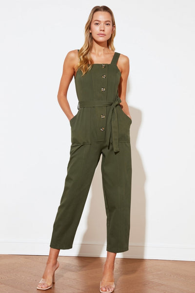 Khaki Button-Down Jumpsuit With Tie