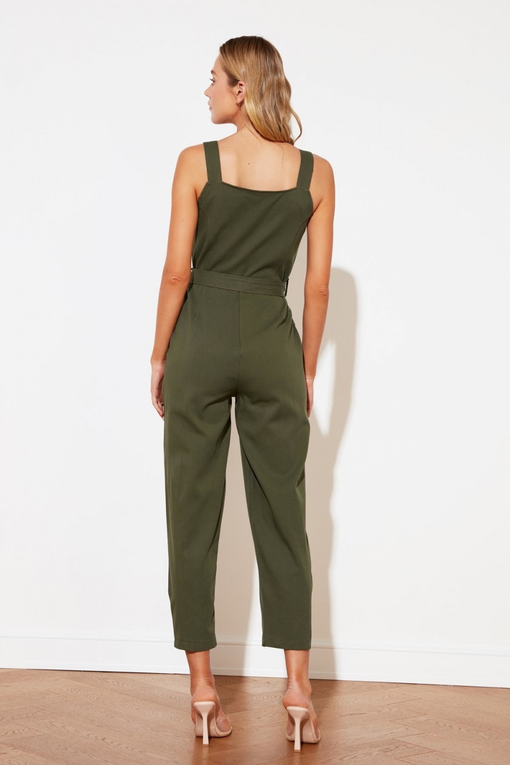 Khaki Button-Down Jumpsuit With Tie