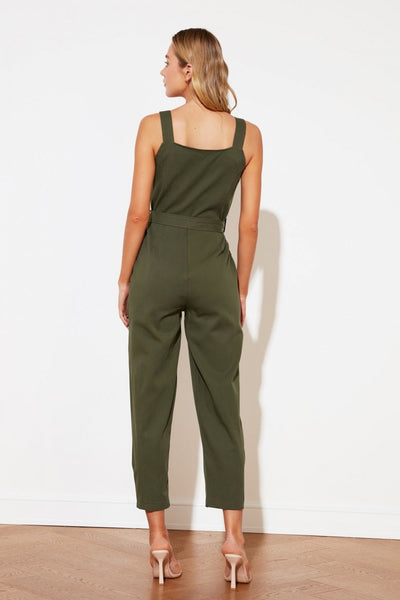 Khaki Button-Down Jumpsuit With Tie