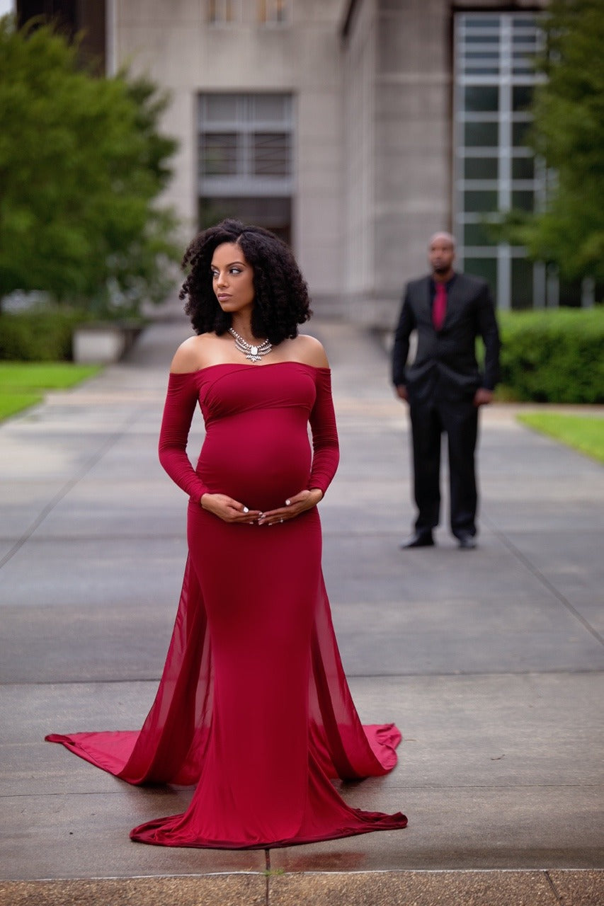 Maroon-Red Off-Shoulder Maternity Trail Gown