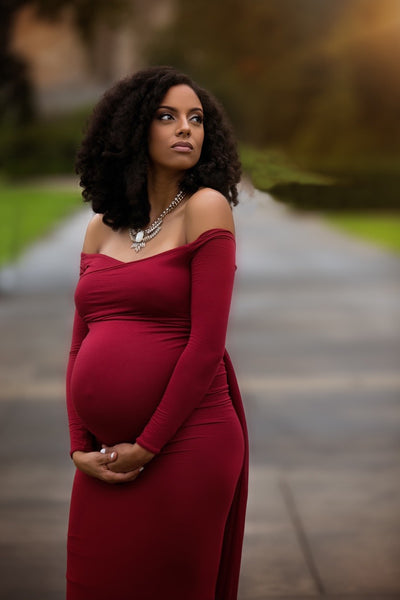 Maroon-Red Off-Shoulder Maternity Trail Gown