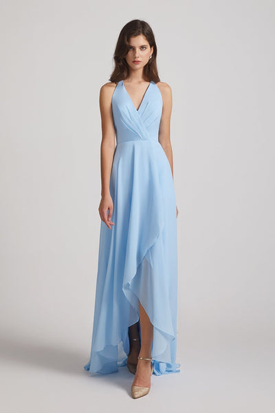 Sky Blue V-Neck Sleeveless Criss-Cross Back Asymmetrical Hi-Lo Maxi