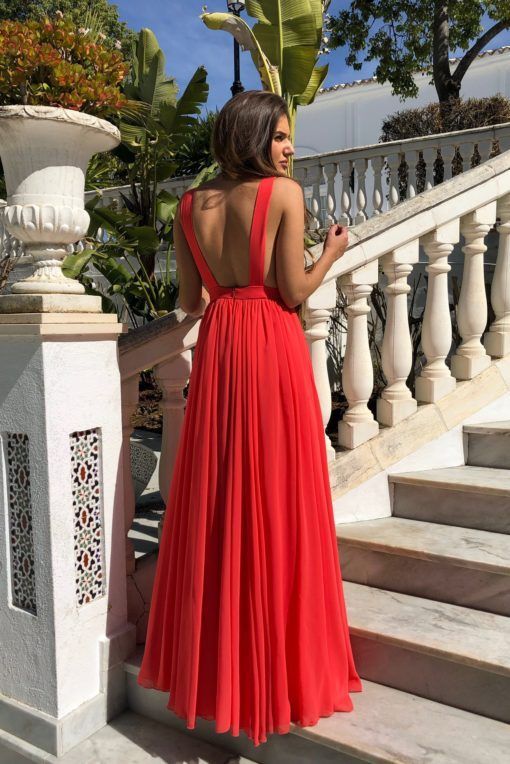 Coral V Neck Ruched Backless Maxi