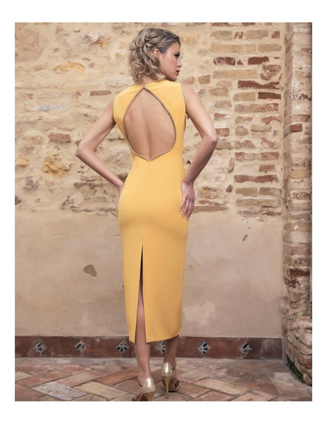 Mustard Embellished Oval Back Bodycon Midi