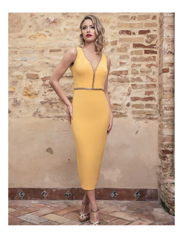 Mustard Embellished Oval Back Bodycon Midi