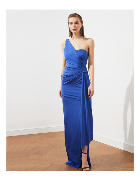 Elegant Royal Blue One Shoulder Drape Knot Dress