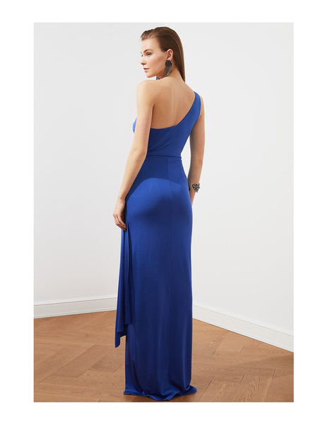 Elegant Royal Blue One Shoulder Drape Knot Dress