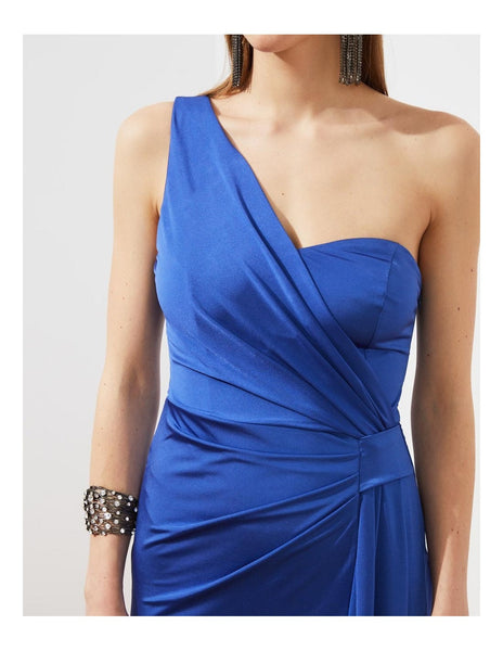 Elegant Royal Blue One Shoulder Drape Knot Dress