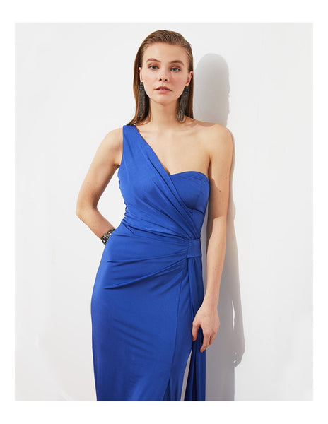 Elegant Royal Blue One Shoulder Drape Knot Dress