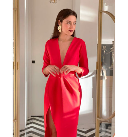 Red Plunge Neck Overlap Slit Midi