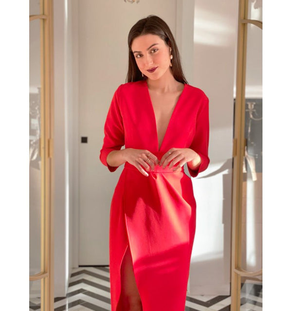 Red Plunge Neck Overlap Slit Midi