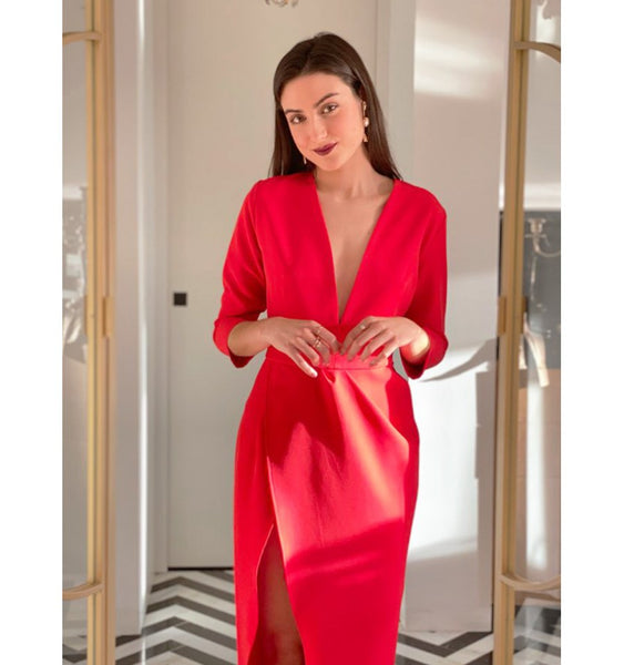 Red Plunge Neck Overlap Slit Midi