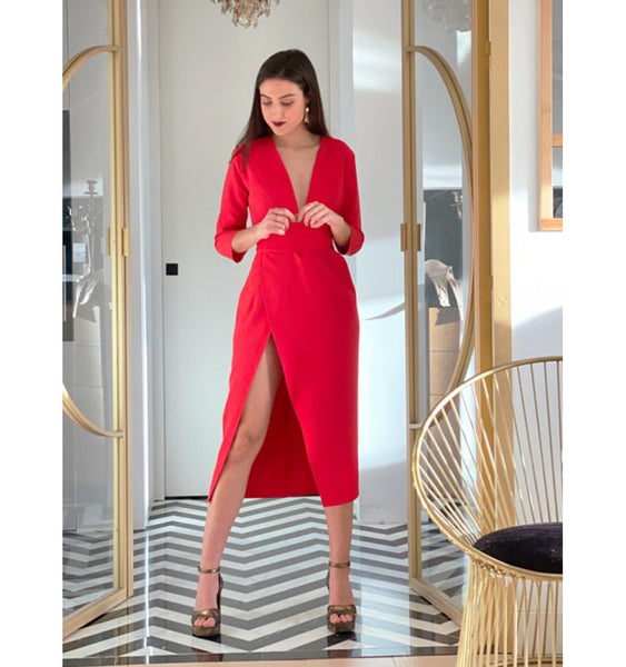Red Plunge Neck Overlap Slit Midi