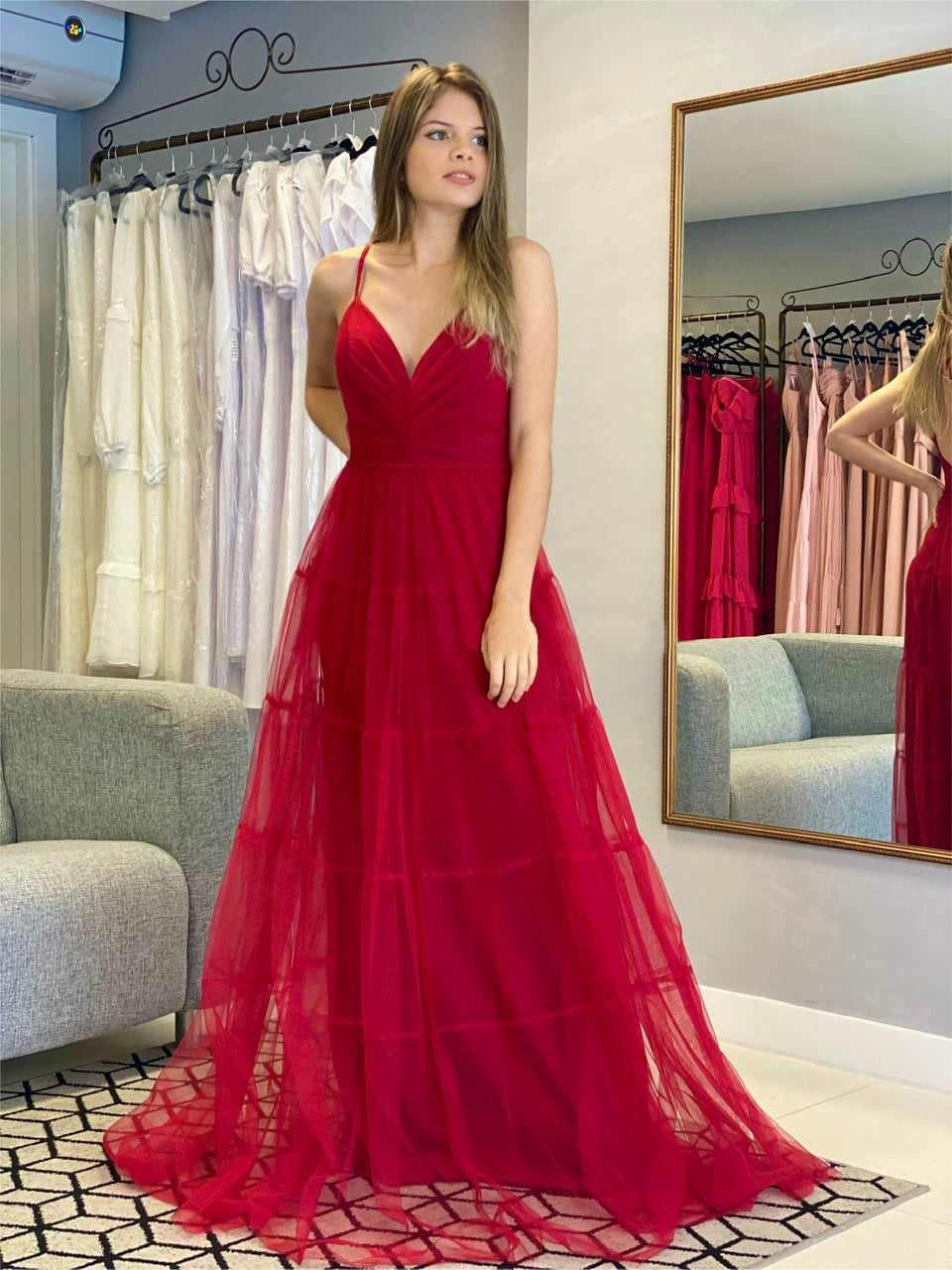 Maroonish Red V neck Ruched Tulle Gown