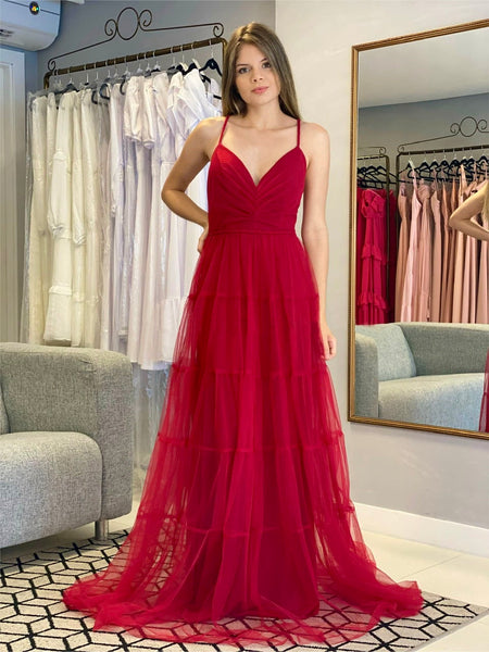 Maroonish Red V neck Ruched Tulle Gown