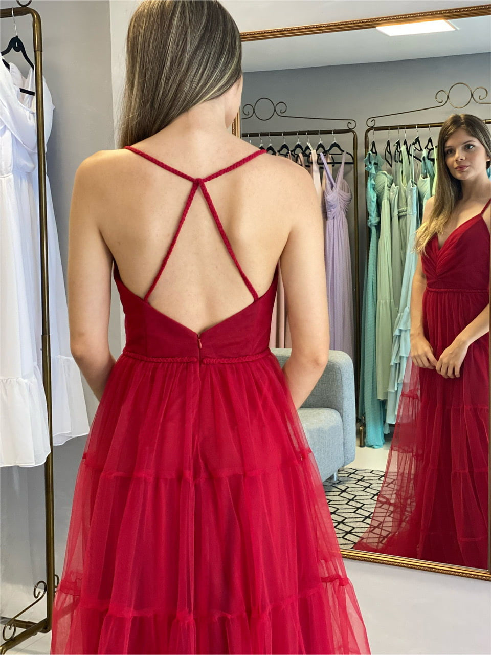 Maroonish Red V neck Ruched Tulle Gown