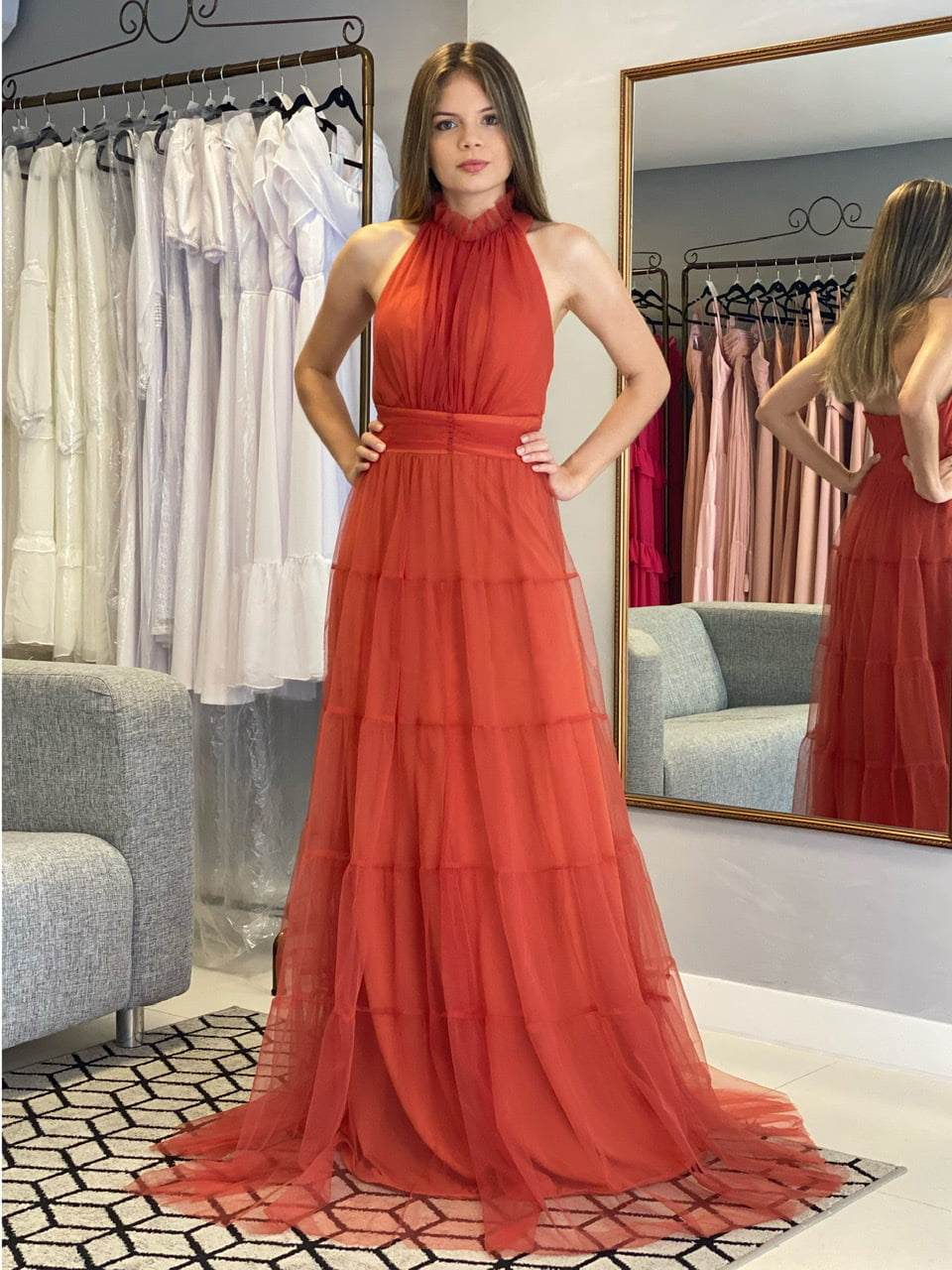 Rust Orange Halter Neck Tulle Maxi Gown