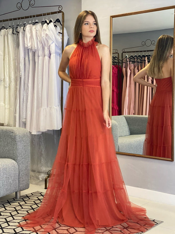 Rust Orange Halter Neck Tulle Maxi Gown