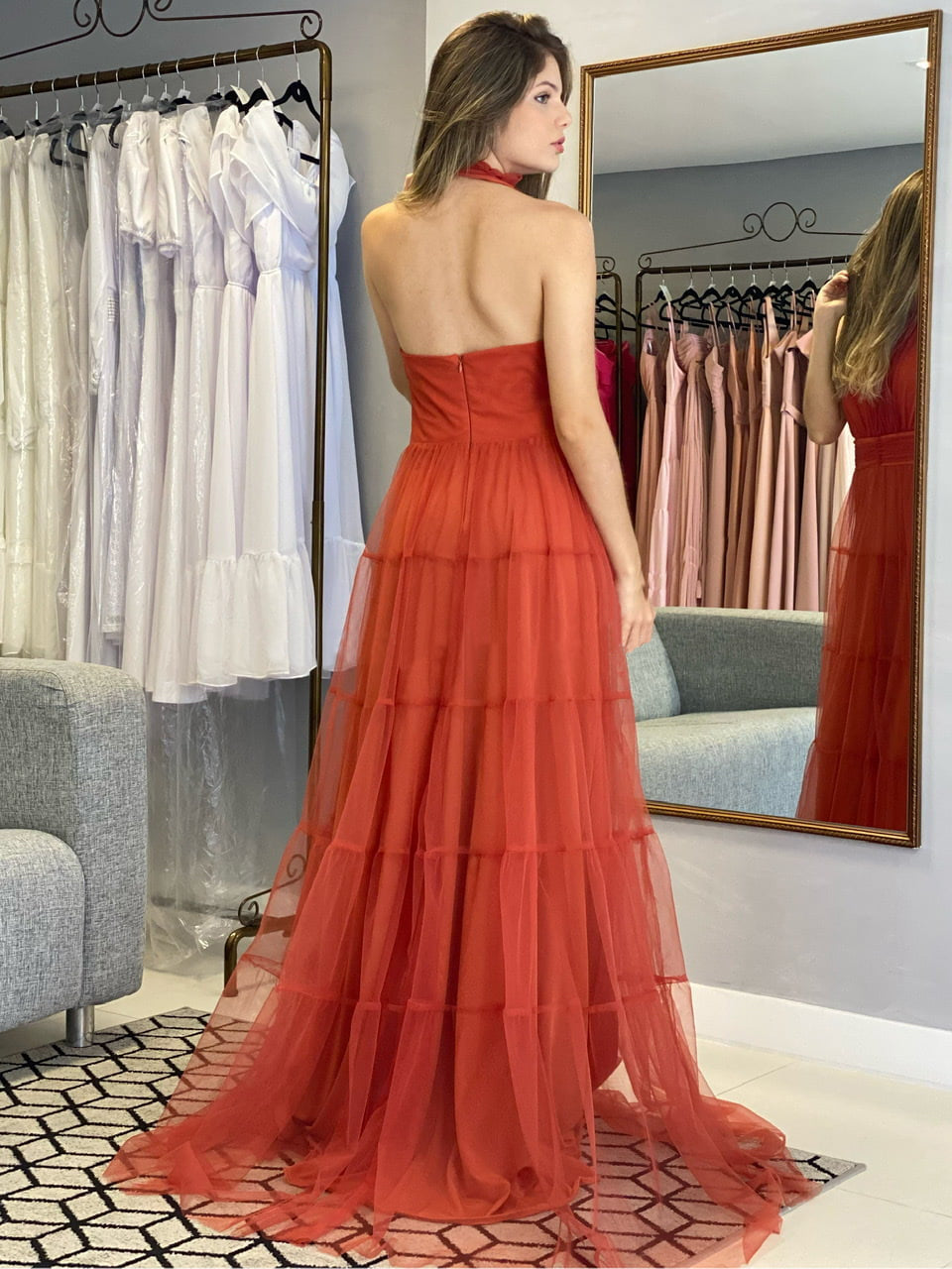 Rust Orange Halter Neck Tulle Maxi Gown