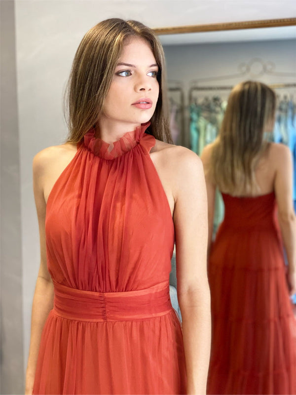 Rust Orange Halter Neck Tulle Maxi Gown
