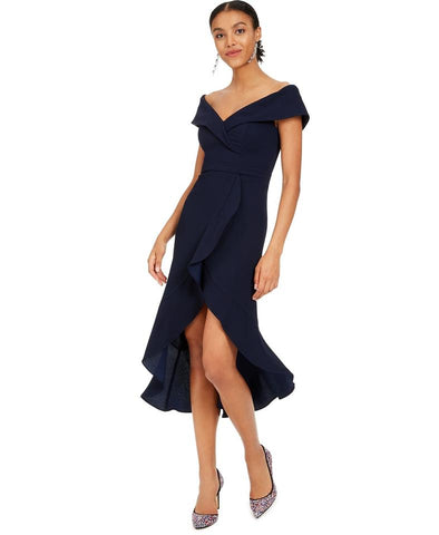 Navy Off-the-shoulder Flounce Party Midi Dress