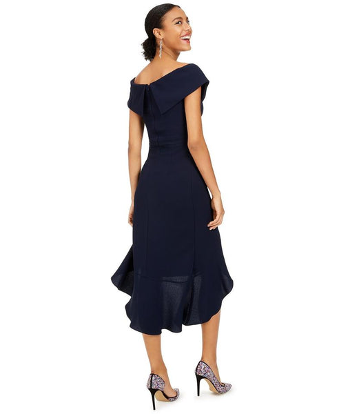 Navy Off-the-shoulder Flounce Party Midi Dress